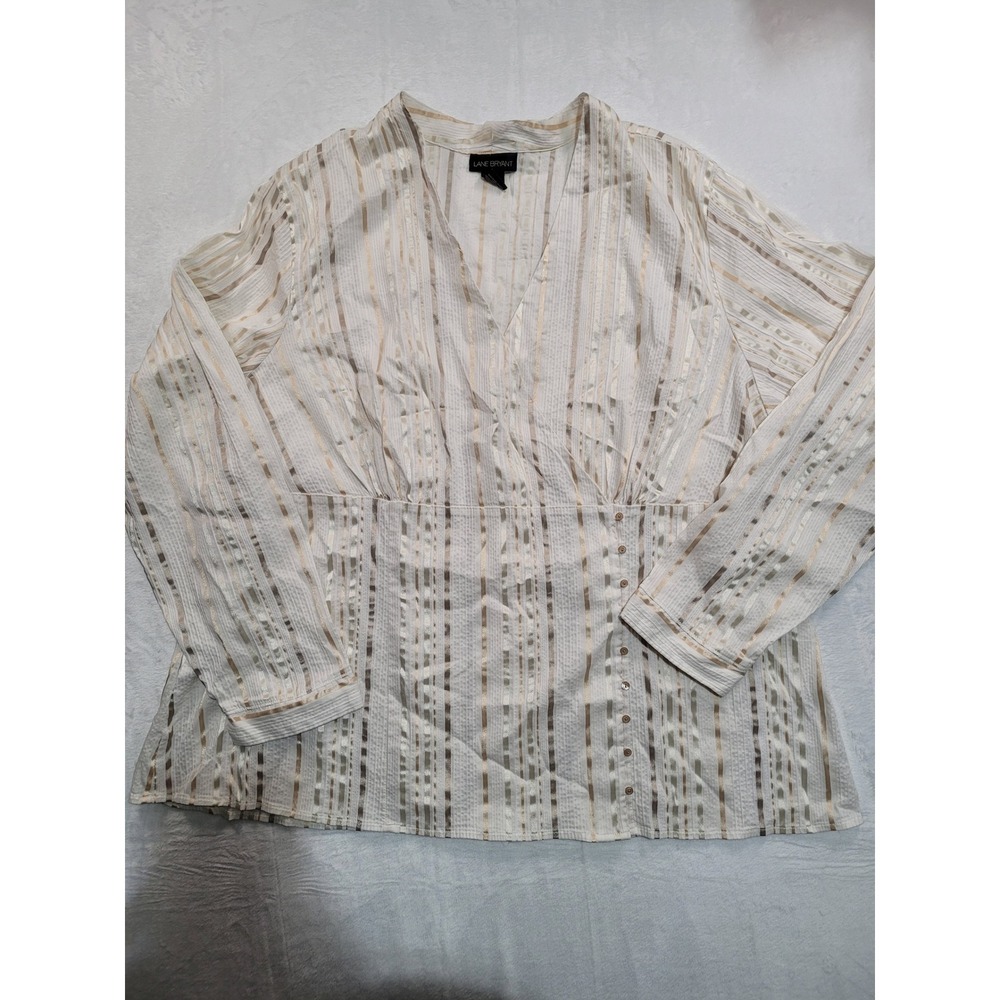 Lane‎ Bryant Blouse Womens 22/24 White Gold Empire Waist Stripe Top